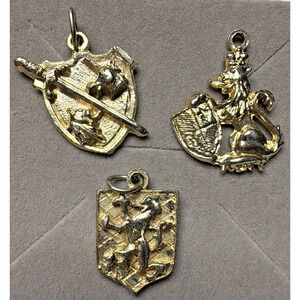 Vintage Lot of 3 Metal Heraldic Shield Rampant Lion Unicorn Poodle Crown Charms